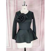 Long Sleeve Black Front Big Flower Slim Peplum Office Lady Blouse Tops